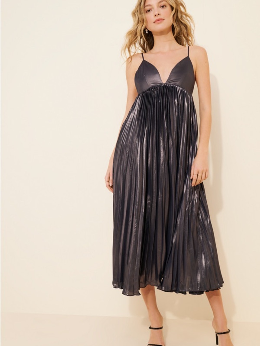 BHLDN Alessia Sleeveless V-Neck Pleated Crepe Midi Dress